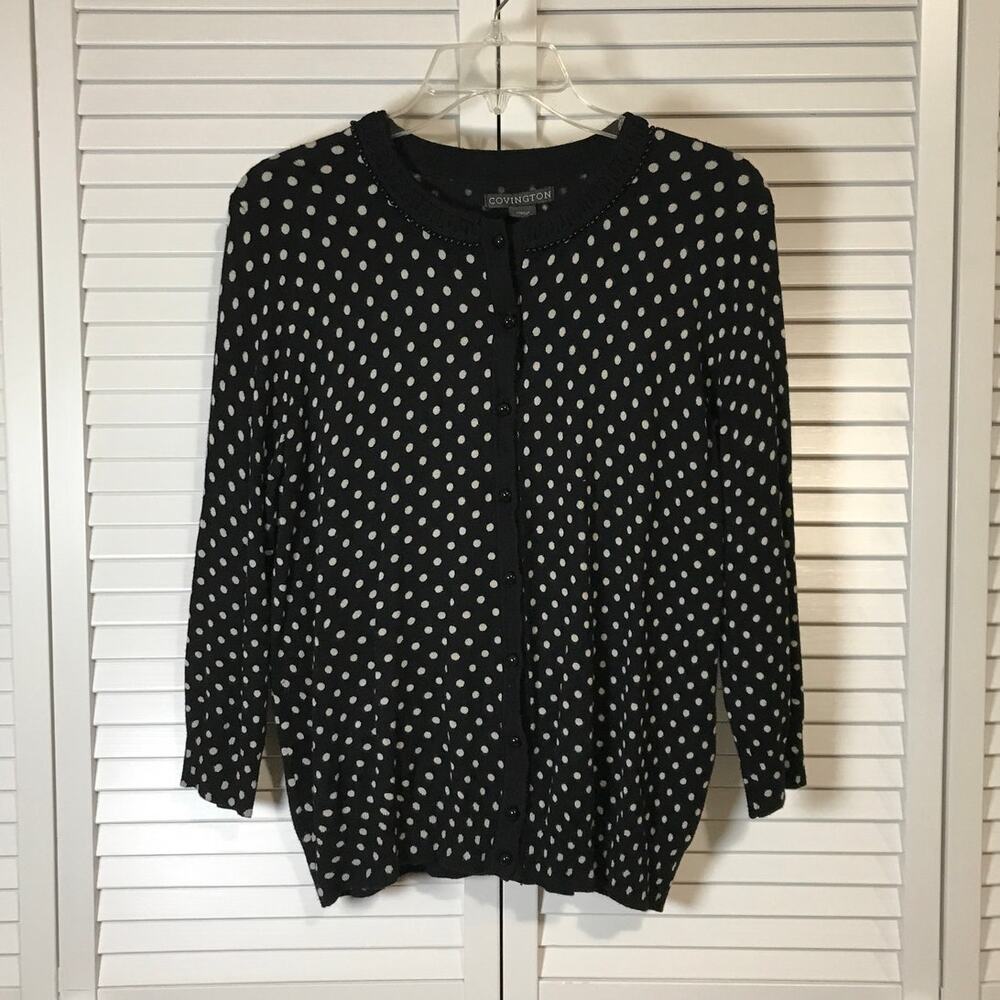 Covington Pok-a-dot Black High Neck Long Sleeve Cardigan Sweater L